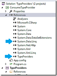 An image showing that the new C Sharp project ConsumeTypeProviders, references the F Sharp project TypeProviders, and System.Data.Linq.