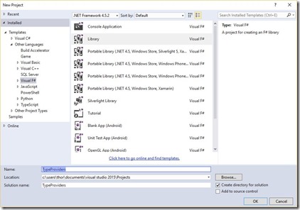 A picture of the new project dialog in VS 2015.  We're using an F# library project and calling our project TypeProviders.