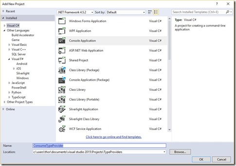 A picture of the NewProject window, with a CSharp console project selected, and the name ConsumeTypeProvider.
