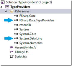 An image indicating the two references; System.Data.Linq, and FSharp.Data.TypeProviders.